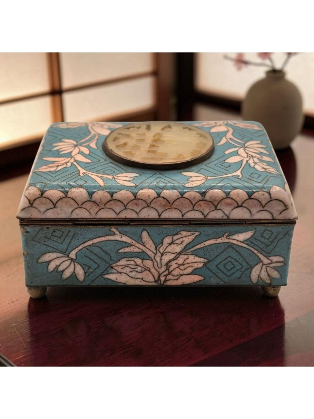 Vintage Cloisonné Trinket Box  Carved Jade Inlay Floral Motif Blue Pink Design